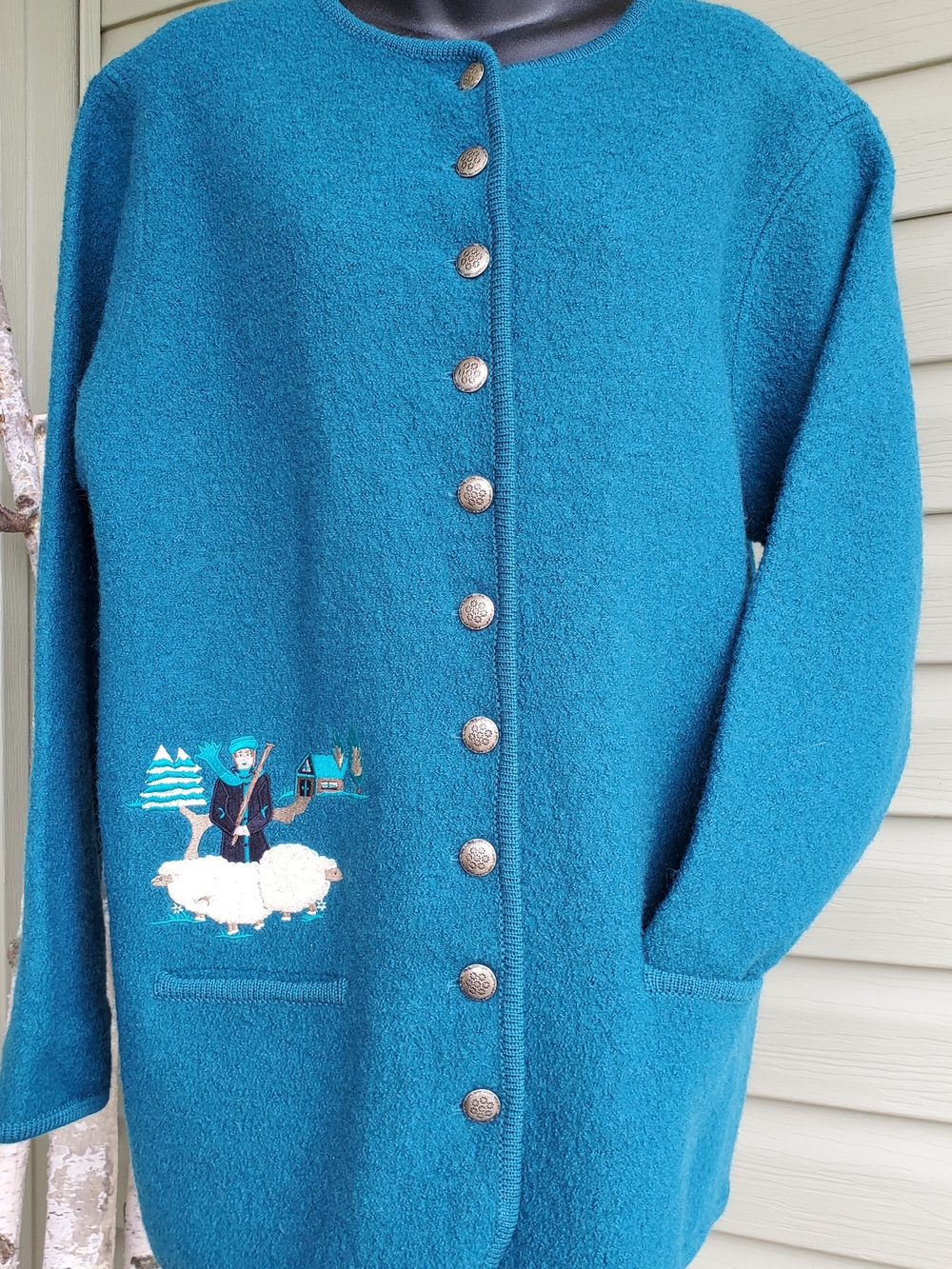 Jessica Boiled Wool Teal Crewneck Sweater Jacket 1990s